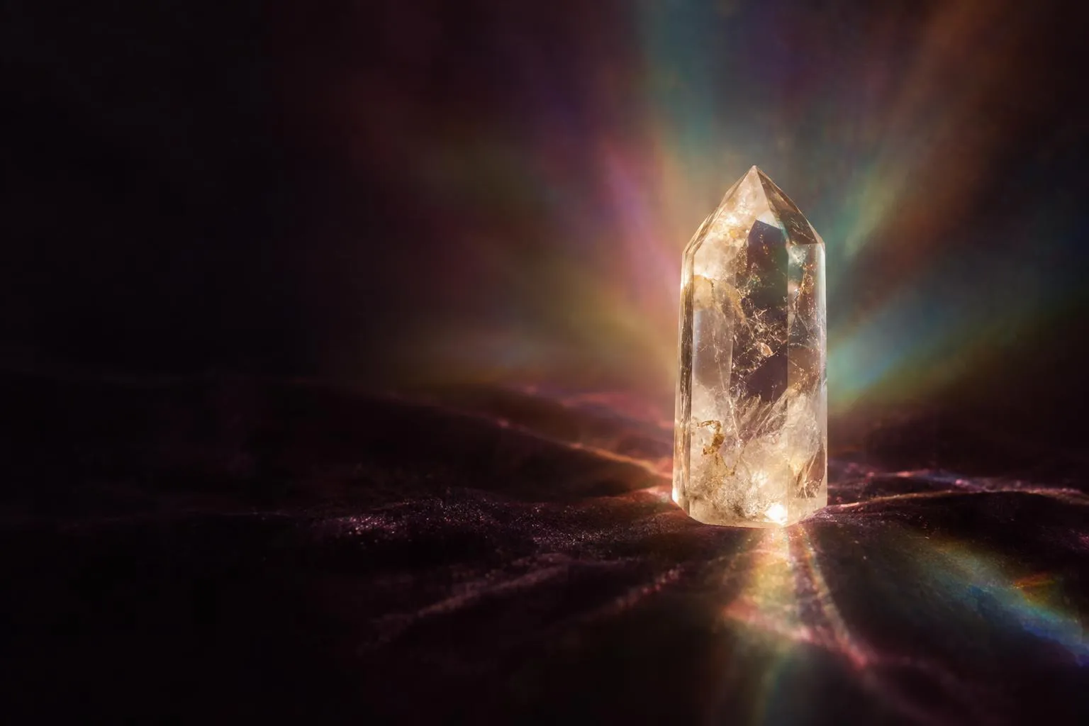 Un cristal de roche qui diffracte la lumière en reflets irisés, dans la pénombre