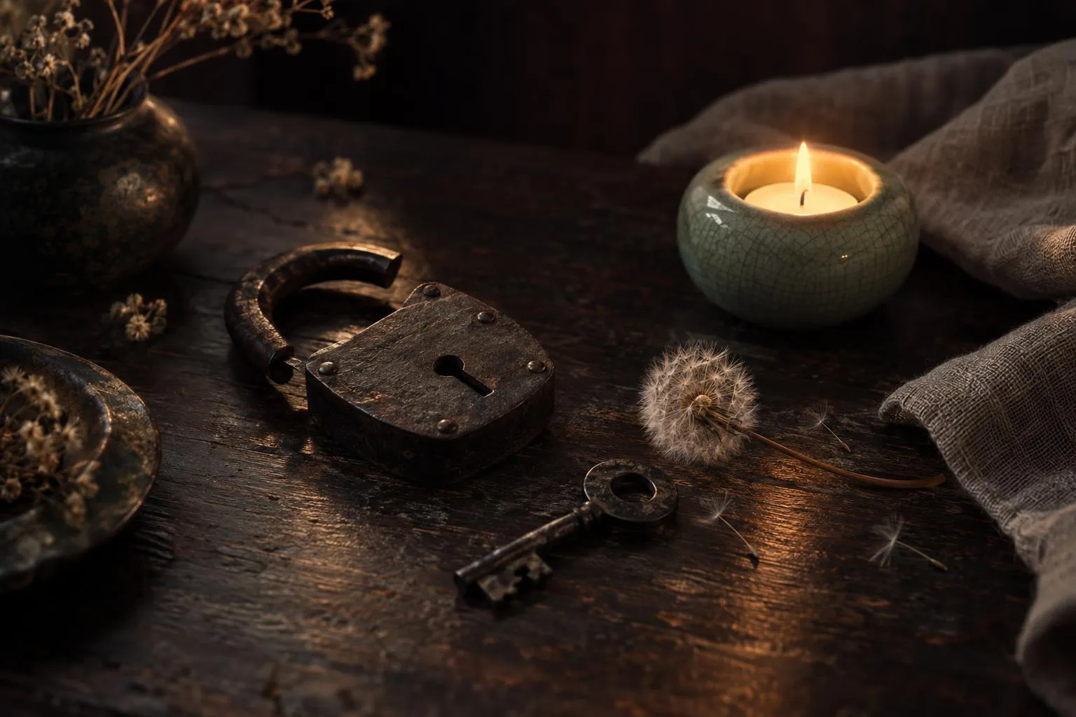 Un vieux cadenas ouvert et sa clé sur une table en bois sombre, près d’une fleur de pissenlit et d’une bougie allumée