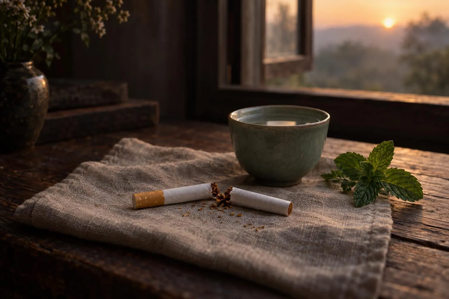 Une cigarette brisée en deux sur un linge, près d’un bol d’eau et d’un brin de menthe, à la lumière du matin