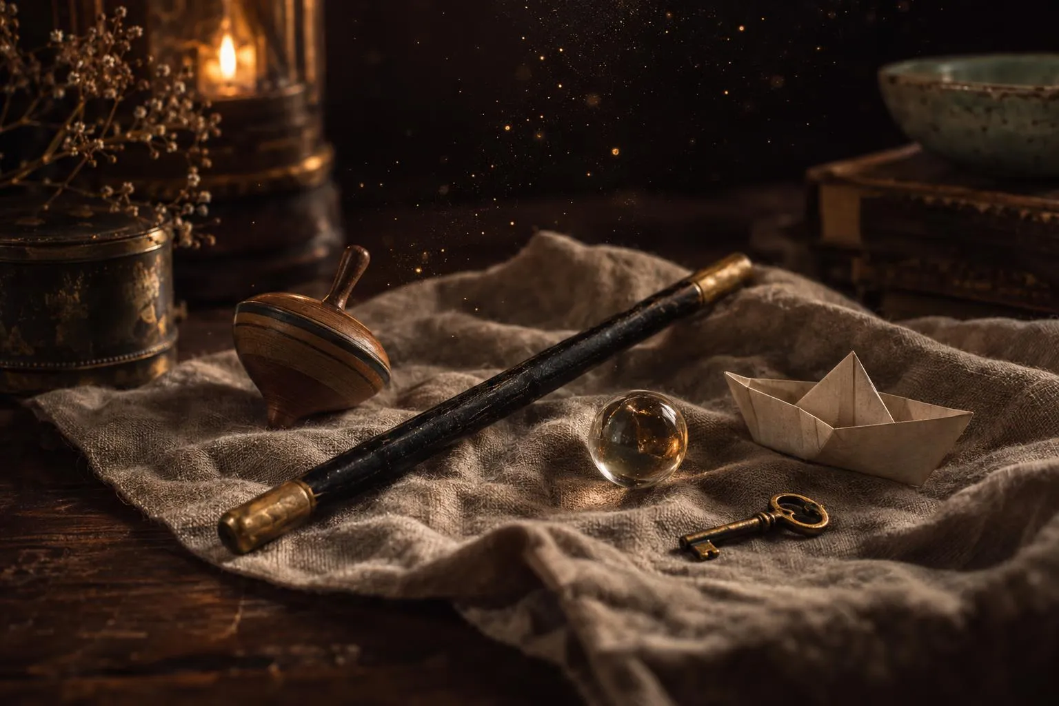 Une baguette de magicien, une toupie en bois, une bille de verre, un bateau en papier et une petite clé posés sur un linge, sous une poussière dorée