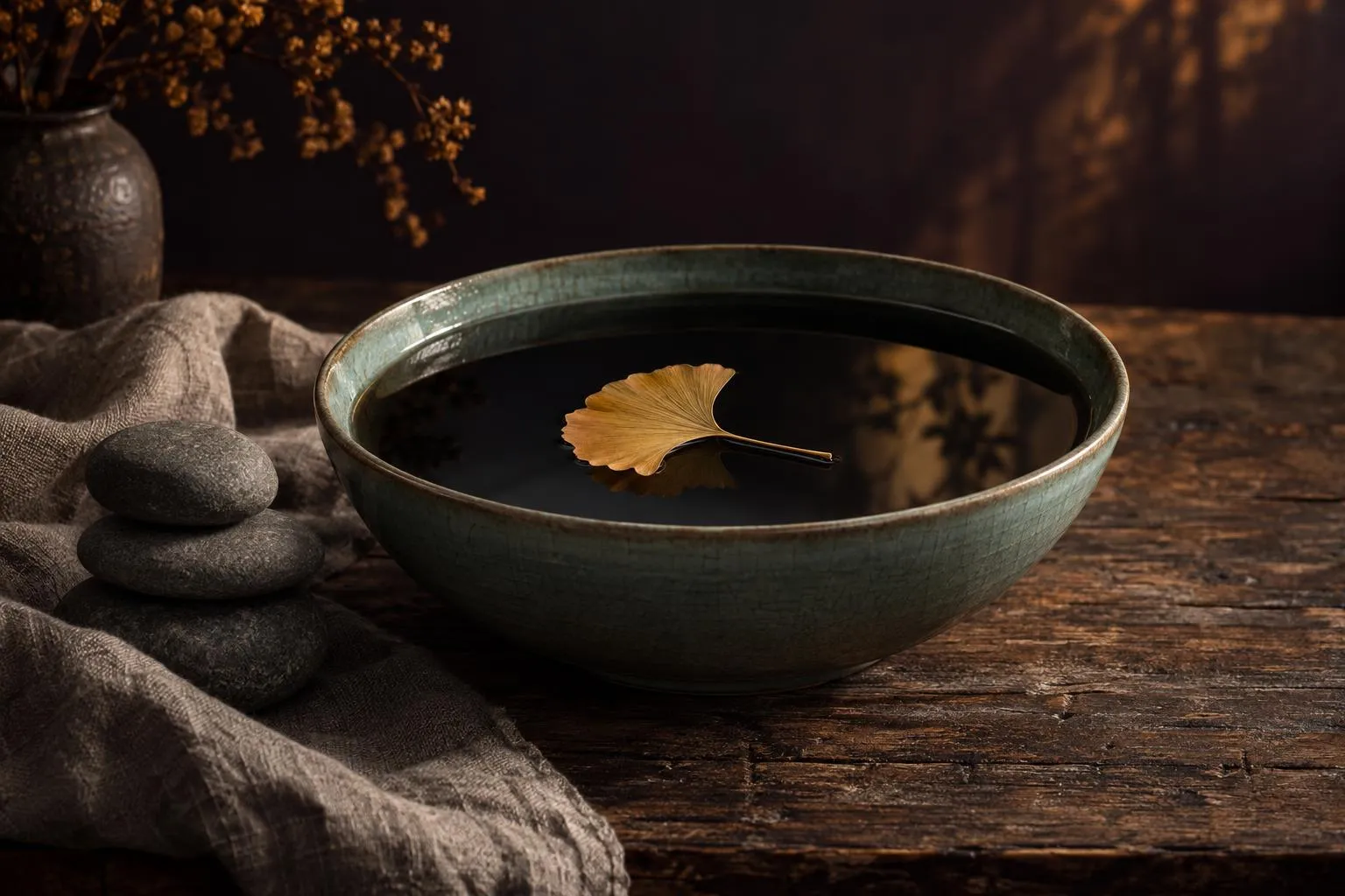 Un bol d’eau parfaitement immobile où flotte une feuille de ginkgo, près de galets empilés, image du calme retrouvé