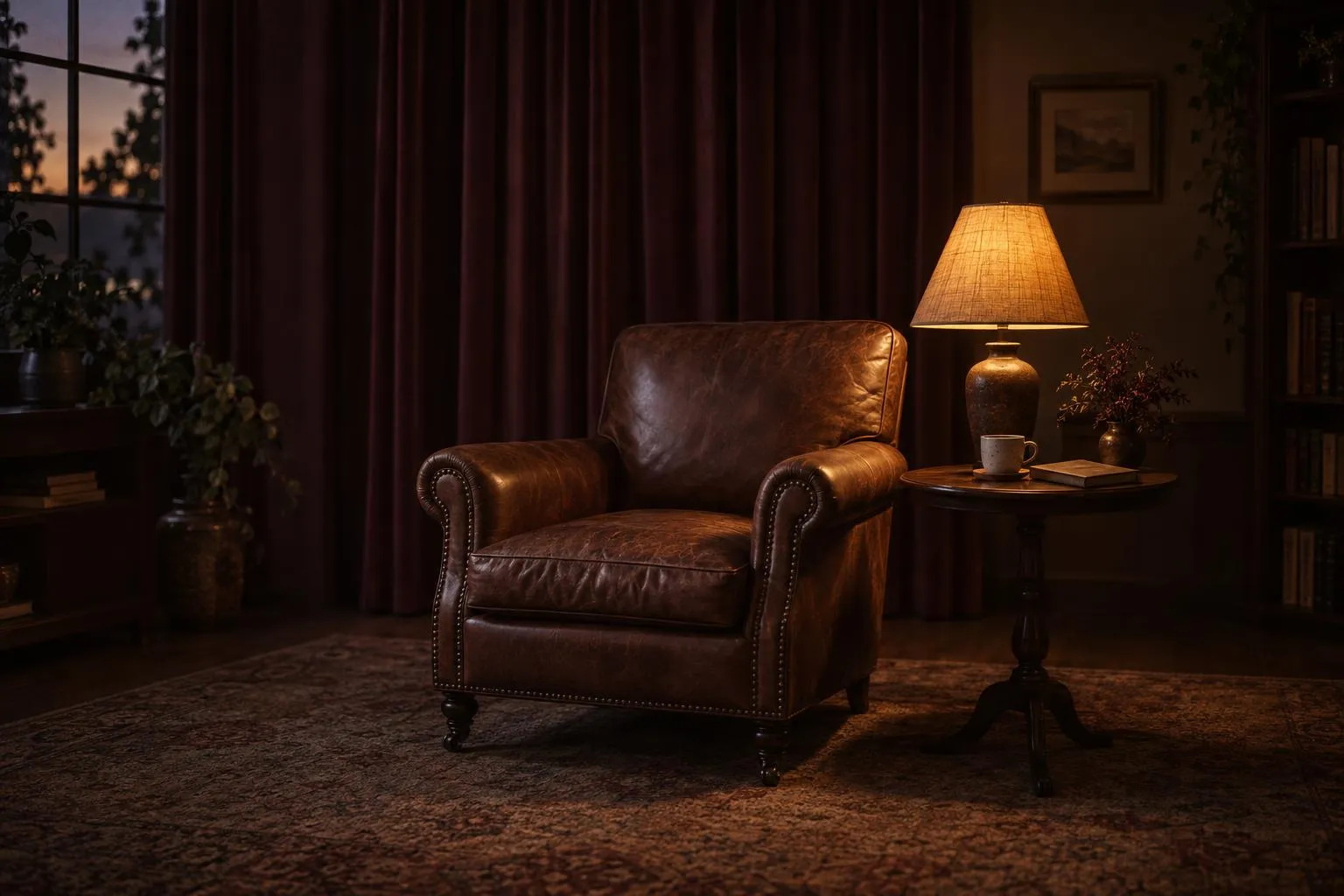 Un fauteuil en cuir près d’une lampe allumée dans une pièce calme, le soir, image d’un espace d’écoute