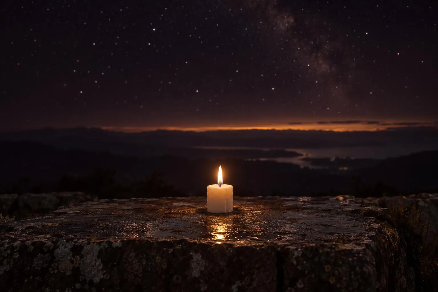 Une bougie allumée sur une pierre, sous un ciel de nuit étoilé où pointe une lueur d’aube, image de la lumière qui brille dans l’obscurité